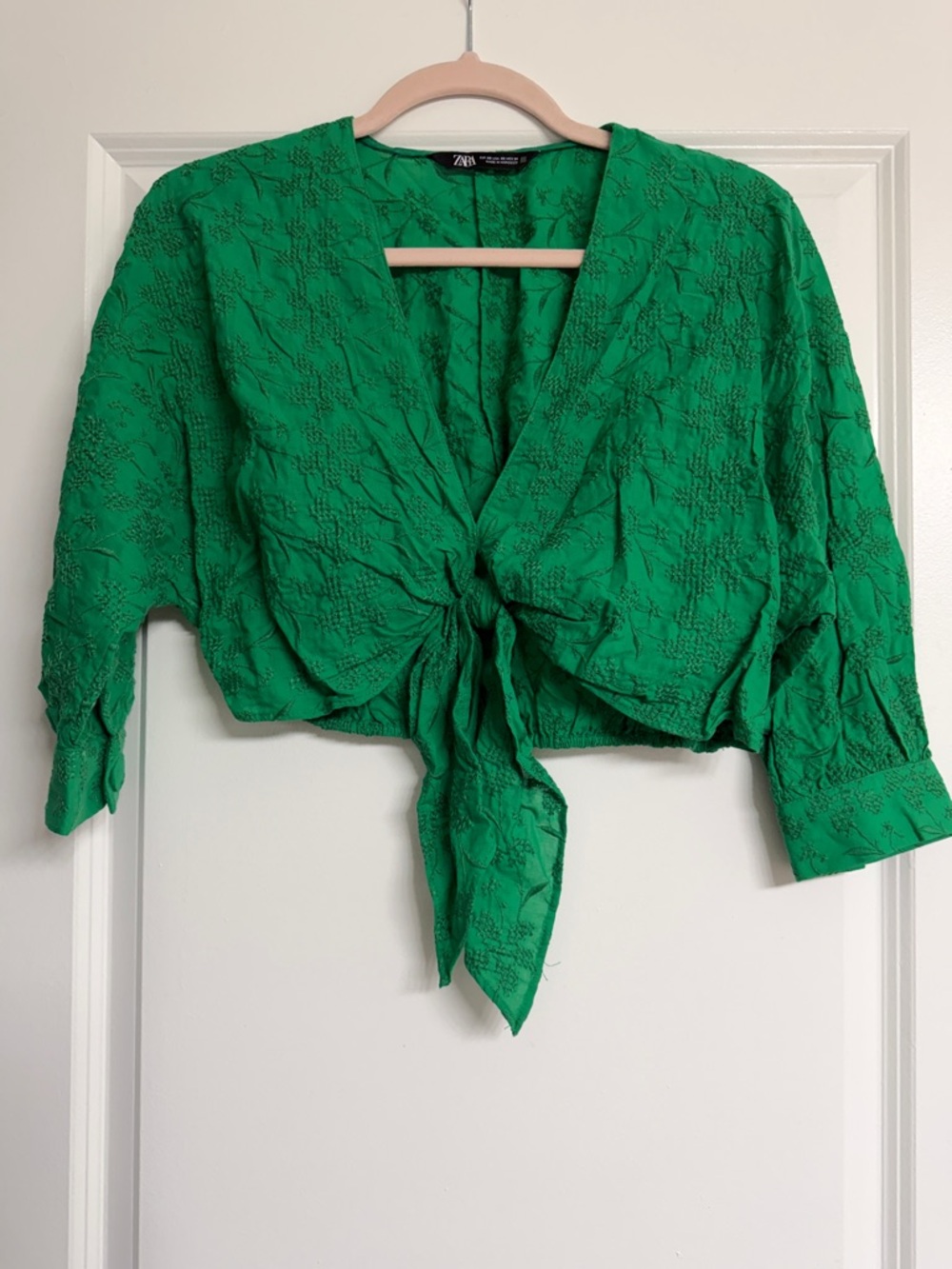Zara Emerald Green Tie-Front Cropped Blouse
